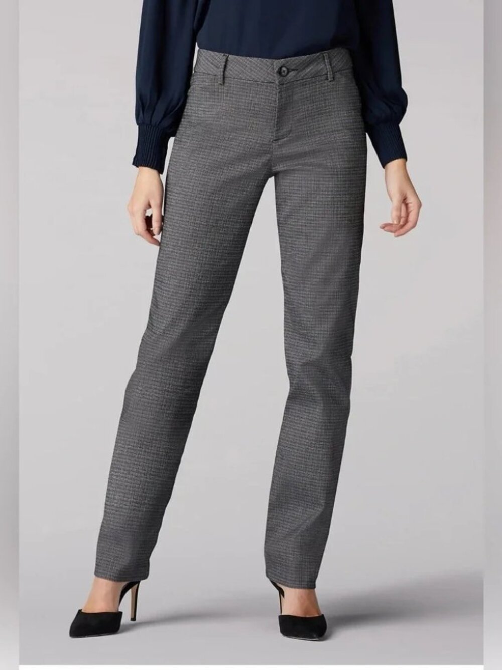 Lee Women’s Relaxed Straight Leg Stretch Dress Pants Gray Check Size 12S